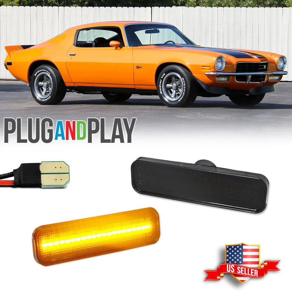 2PC Smoke Lens Amber LED Side Marker Lights for Chevrolet Camaro (1970–1977)
