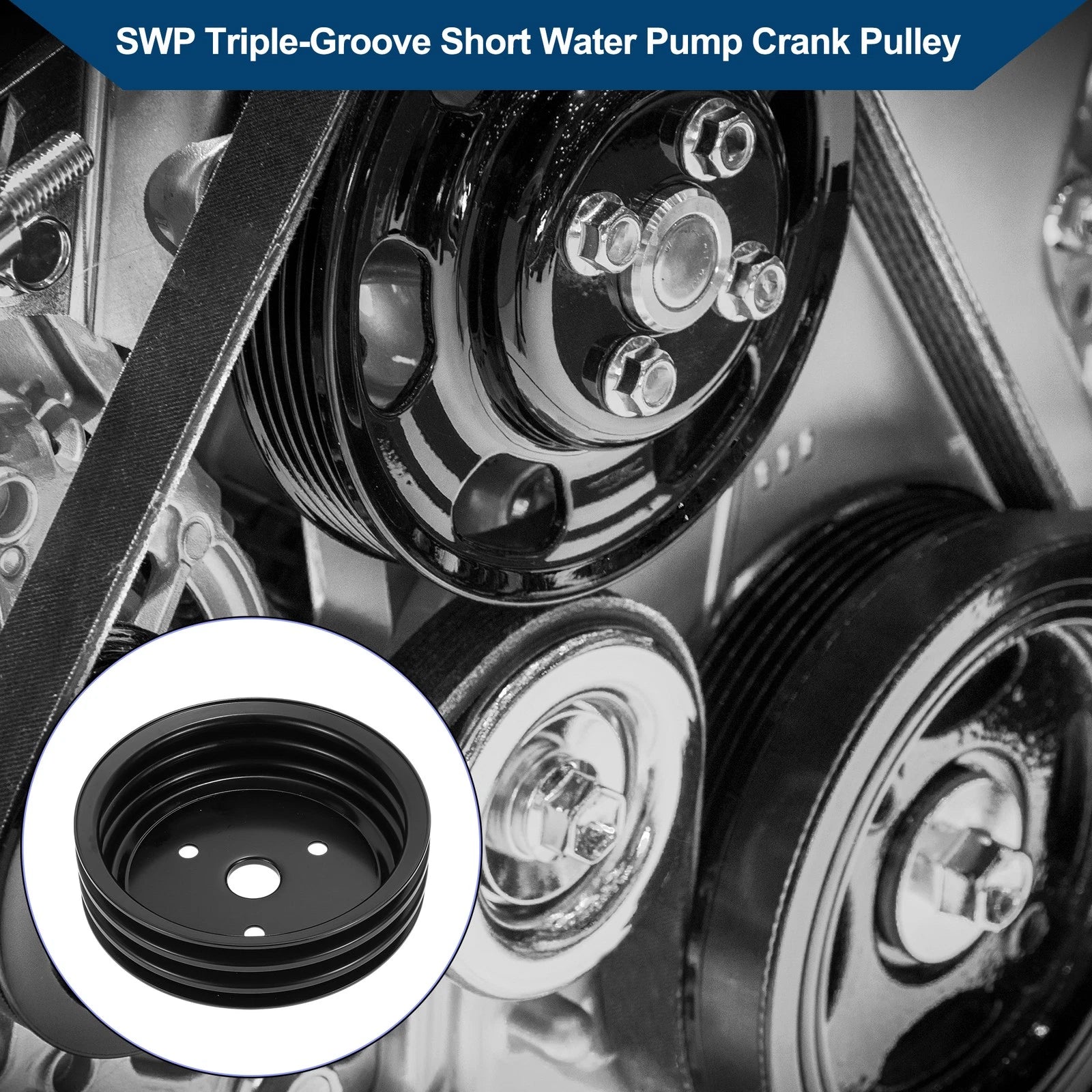 3 SWP Triple-Groove Short Water Pump Crank Pulley for Chevy SBC Small Block (262)