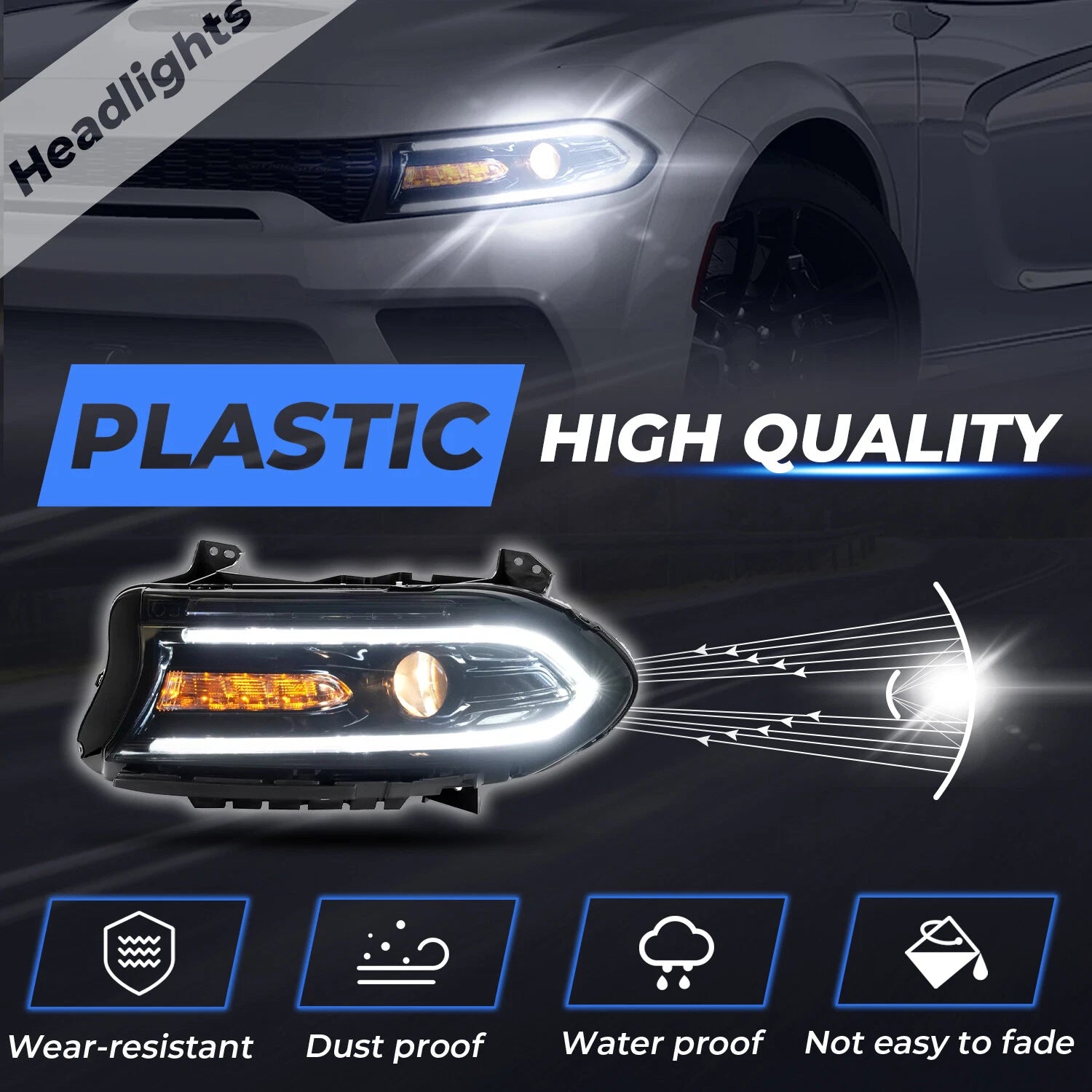 Left Driver Side Headlight Projector Assembly for Dodge Charger (2015–2023) Black