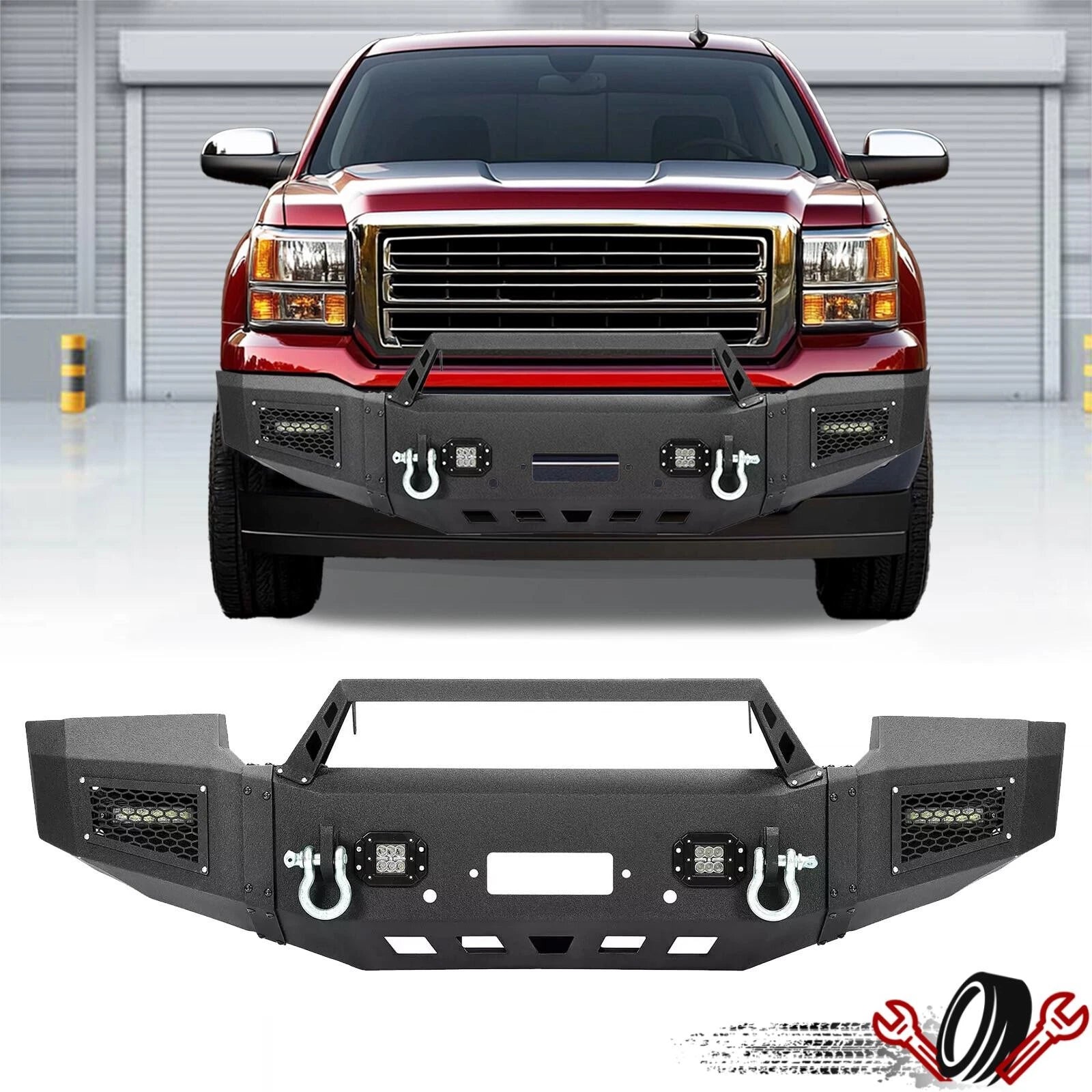 Black Steel Front Bumper Assembly with LED Spotlights for GMC Sierra 1500 (2007–2013)