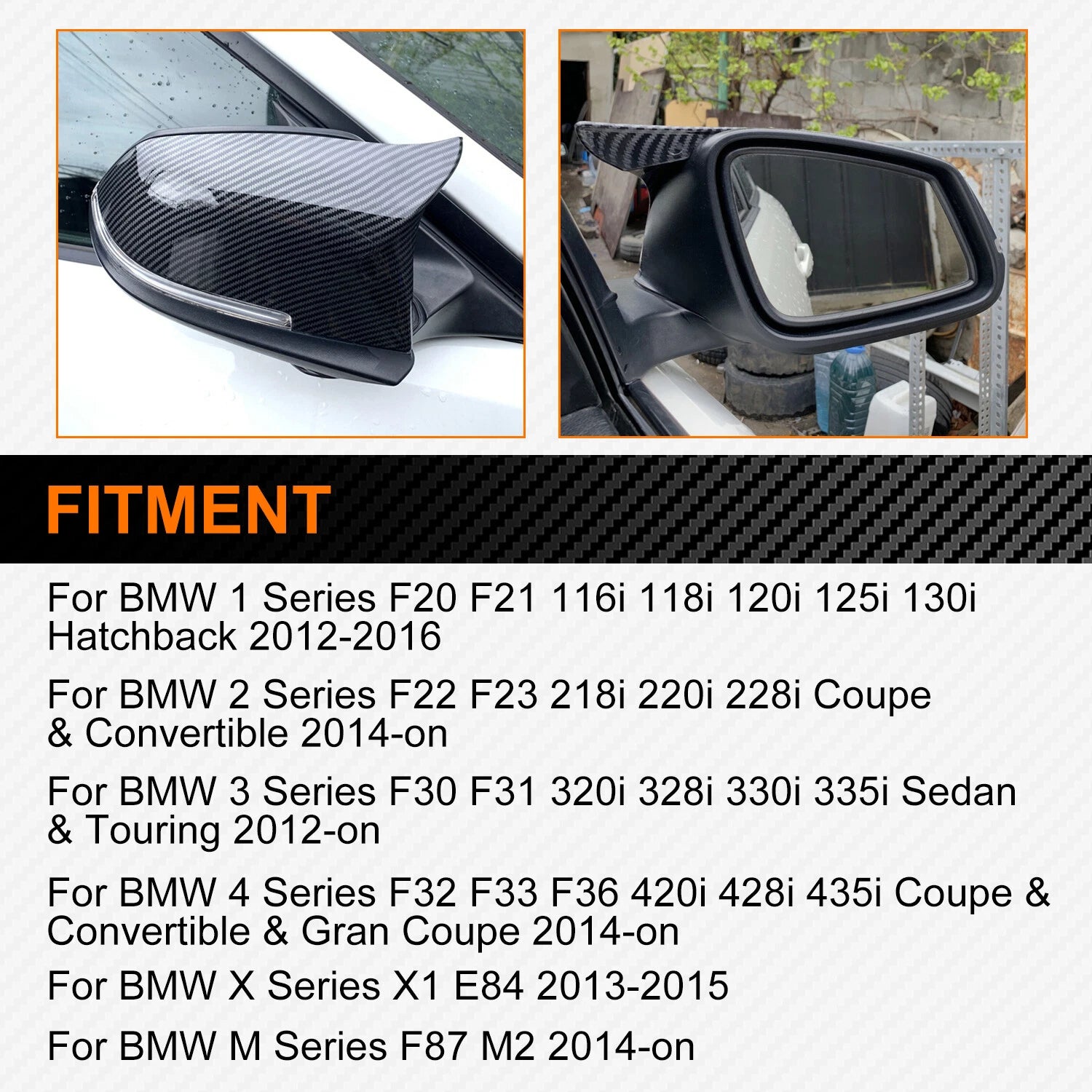 Carbon Fiber Black Side Mirror Cover Caps for BMW 3 Series M3 (F20 F30 F31)