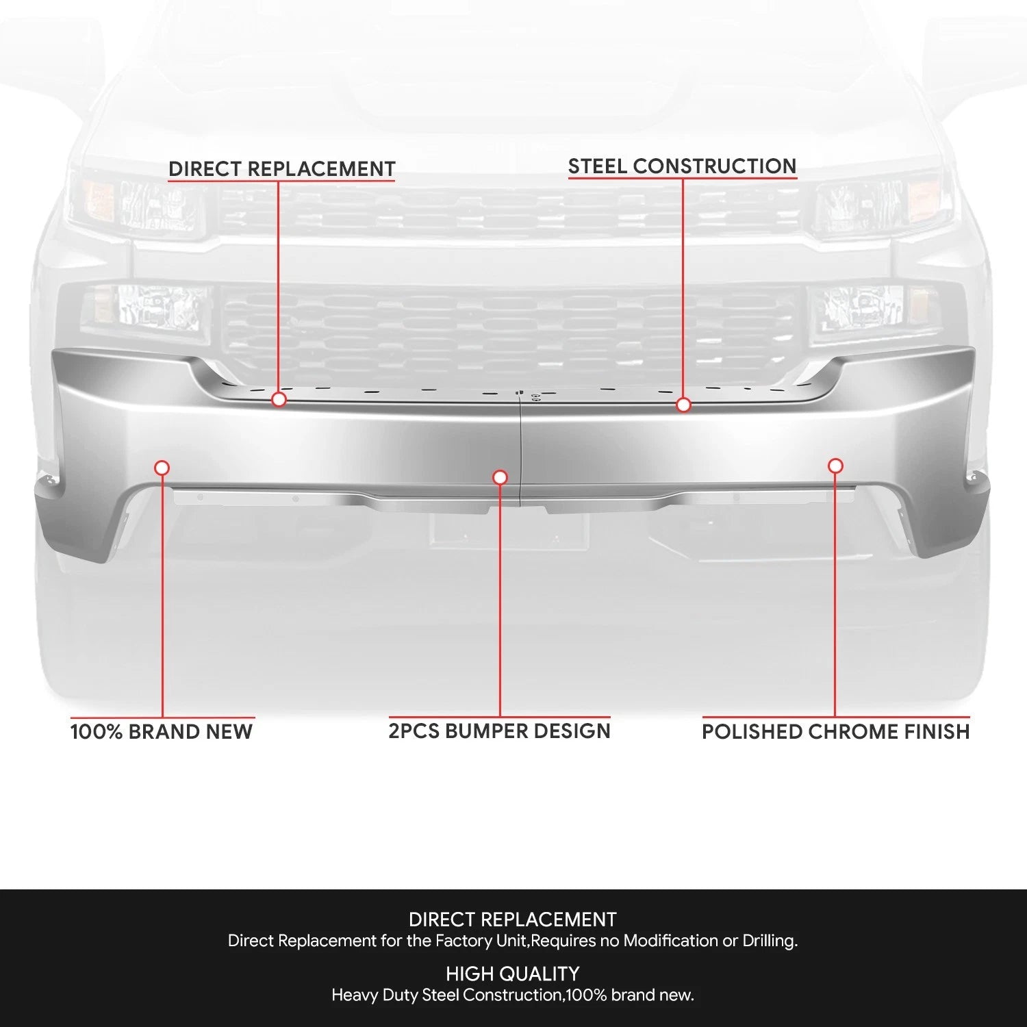 Chrome Front Bumper Face Bar for Chevy Silverado 1500 LTD (2019–2022)