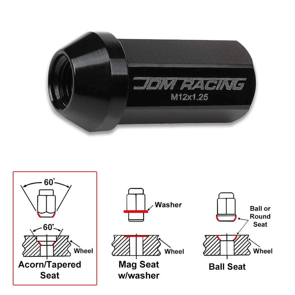 20Pc M12X1.25 Black Closed End Cone Hex Wheel Lug Nuts for JDM Vehicles