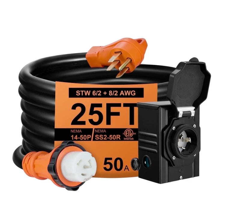 50A RV Generator Extension Cord with Power Inlet Box (25FT)
