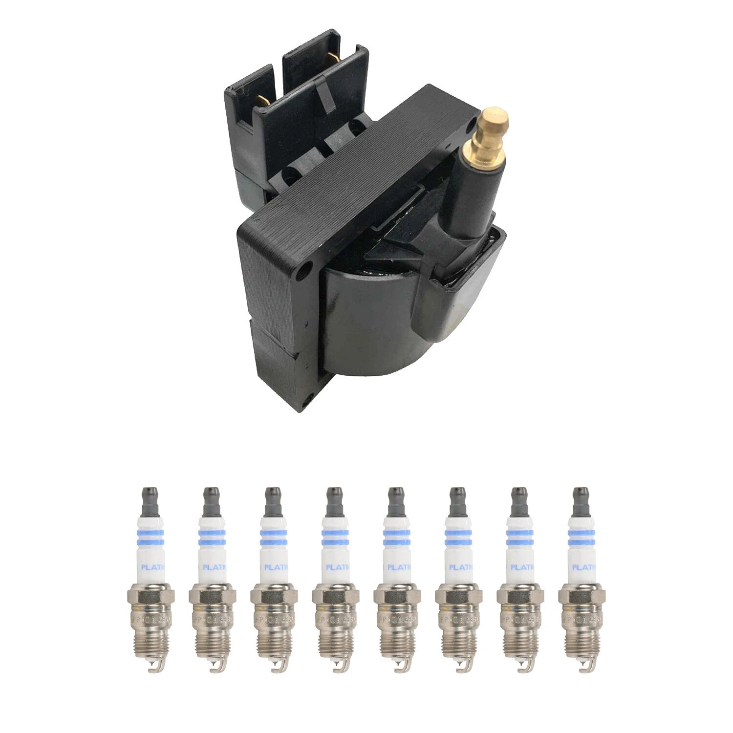 Hitachi Ignition Coil & Bosch 8 Platinum Spark Plugs Kit for Bronco F-150 (1980–1996)