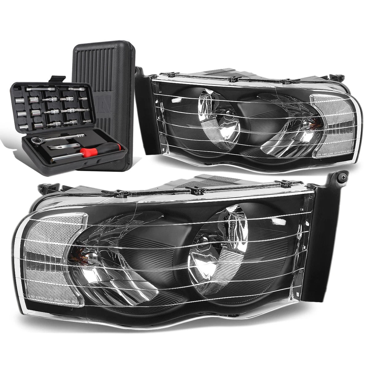 Pair of Black/Clear Signal Headlight Lamps for Dodge Ram Pickup (2002–2005)