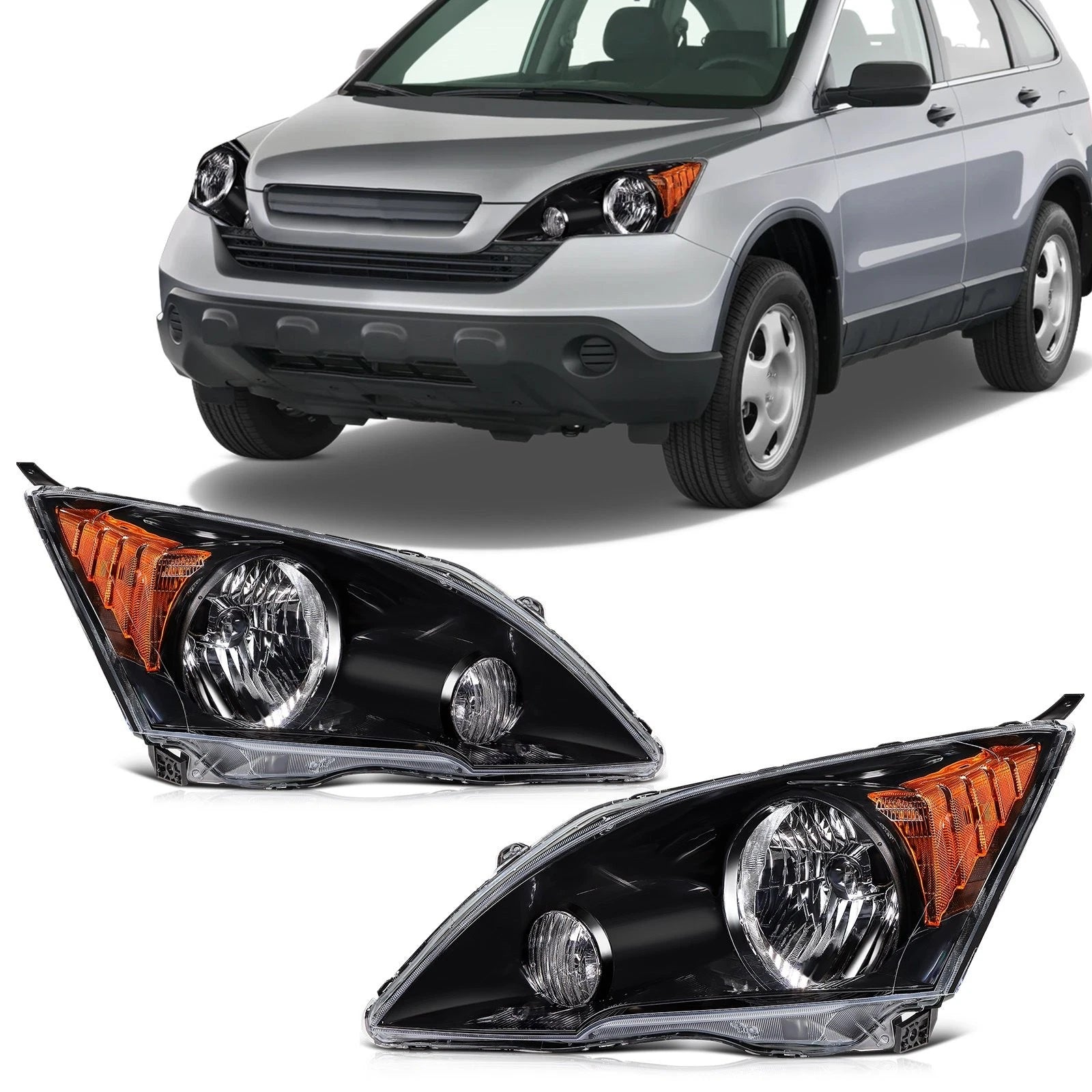 2X Headlight Assembly for Honda CR-V (2007–2011) - Black Amber