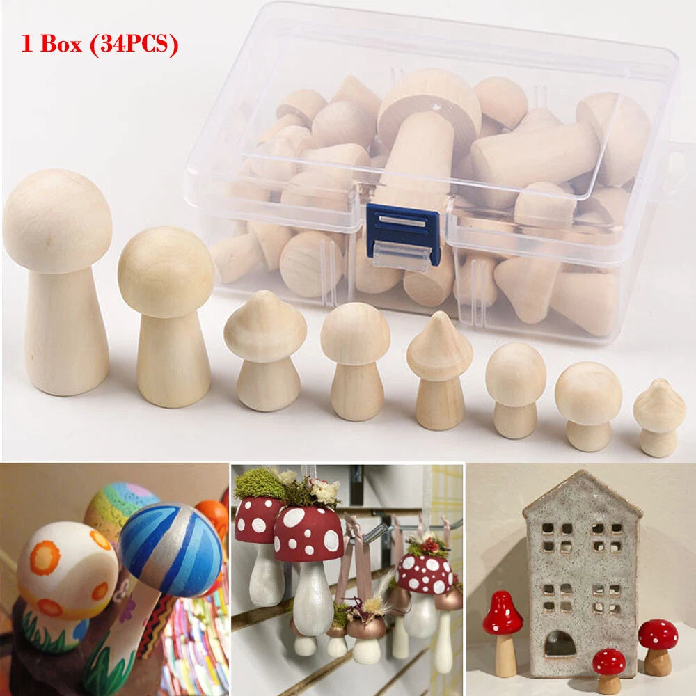 Set of 34 Unpainted Wooden Peg Dolls Mushroom Toy Figures 30-85mm