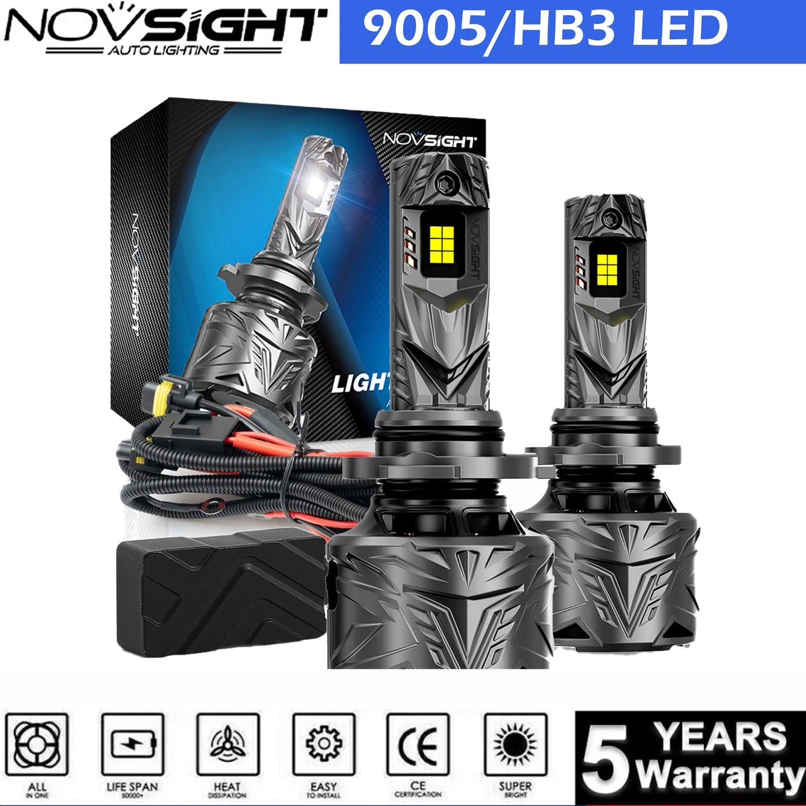 9005 HB3 LED Headlight Bulb Kit for High Beam (250W, 60000LM, 6500K)