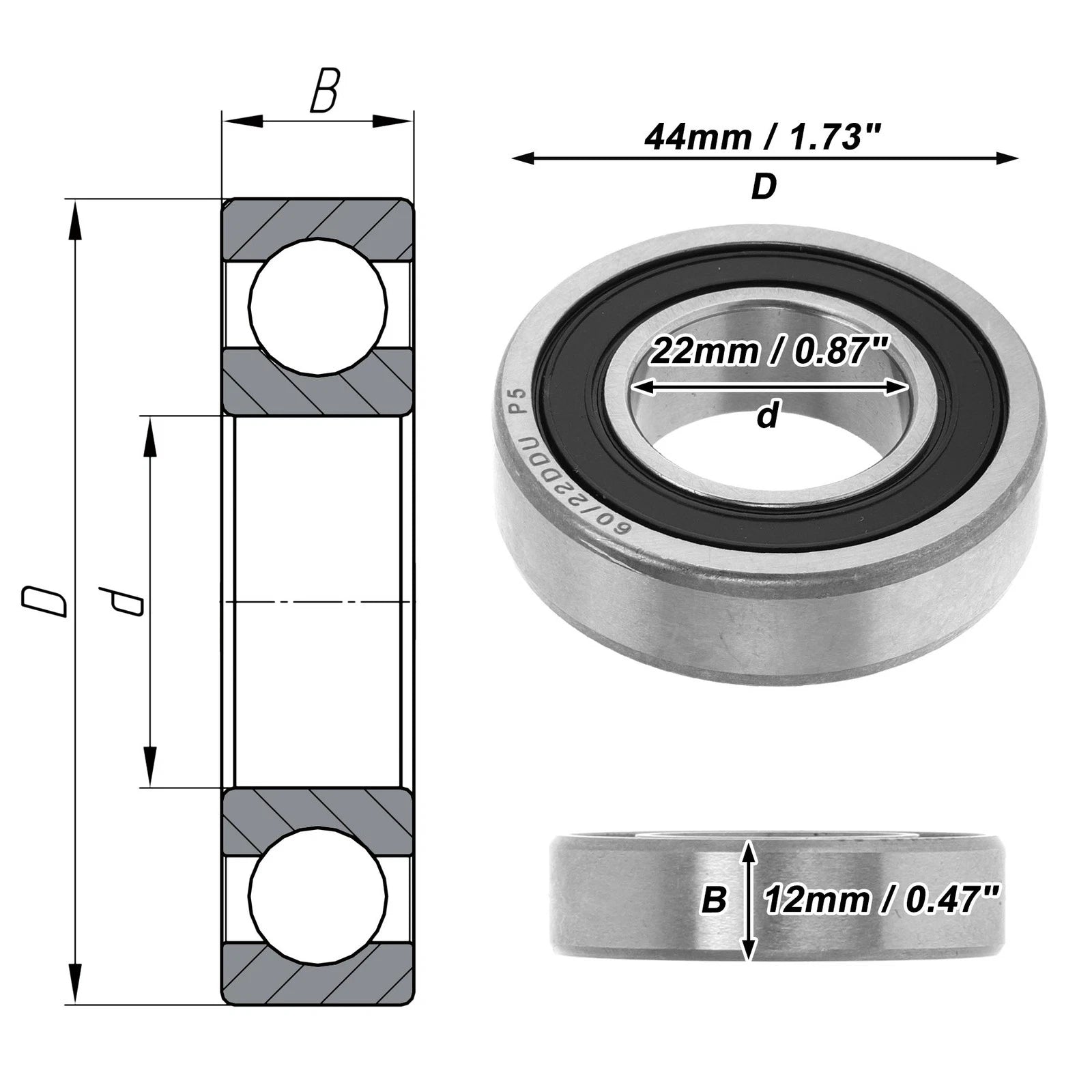 Deep Groove Ball Bearing P5 for Scooter Skateboard Wheel (22x44x12mm)