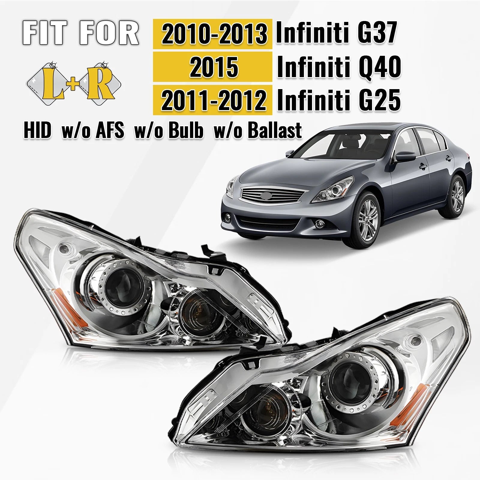 HID Headlight Pair for Infiniti G37 (2010–2013) & Q40 (2015) w/o Bulb, AFS
