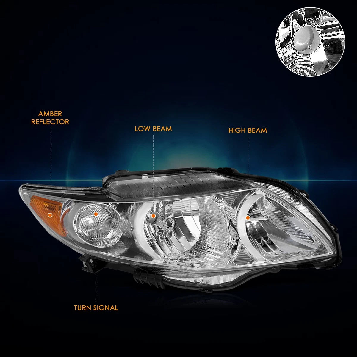 RH Passenger Side Headlight Lamp Chrome for Toyota Corolla (2009–2010)