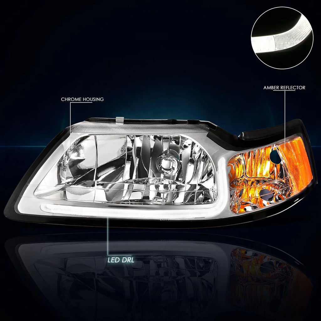 LED DRL Chrome Housing Headlight Pair for Ford Mustang (1999–2004)