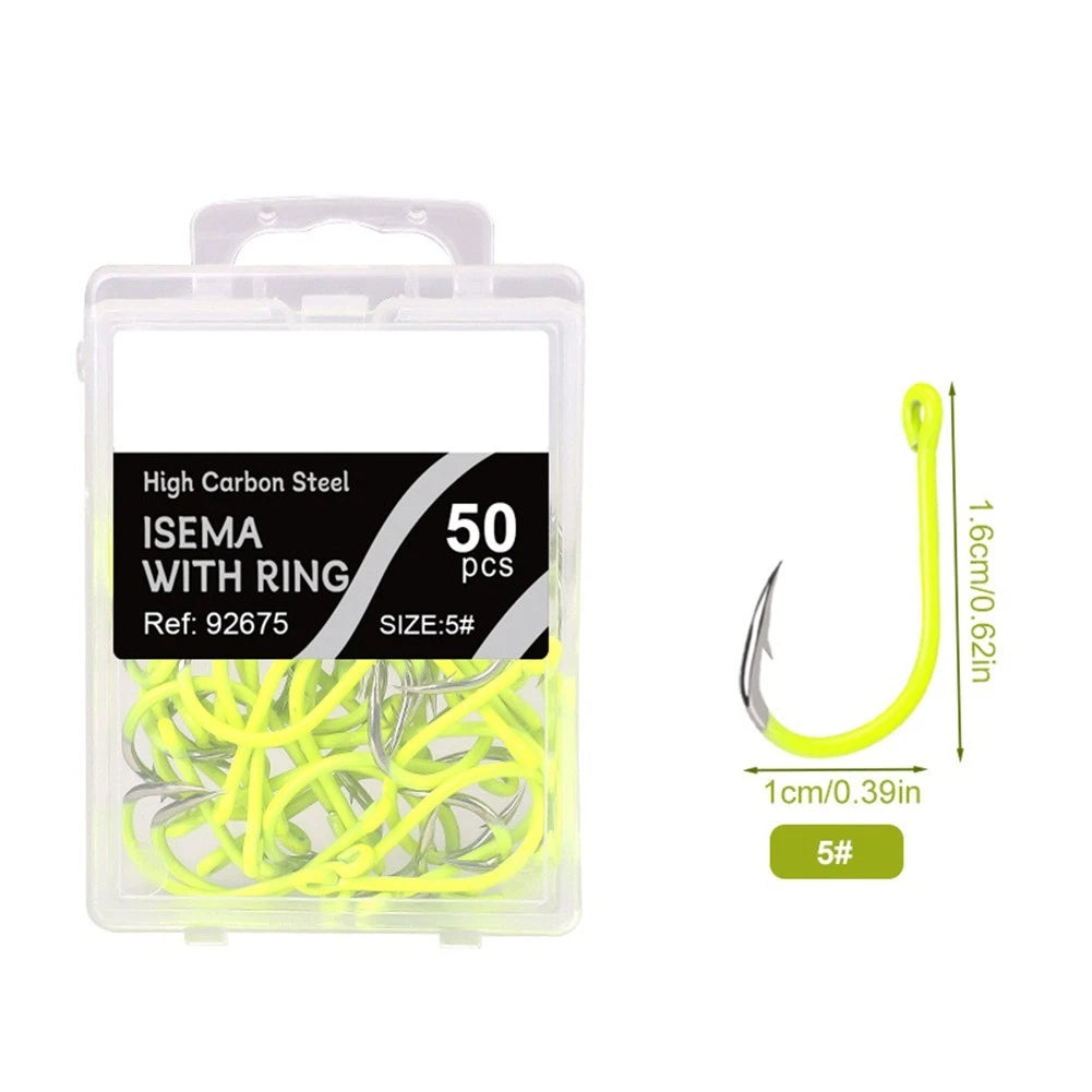 50pcs Premium Fluorescent Fishing Hooks High Carbon Steel for Sea Fishing