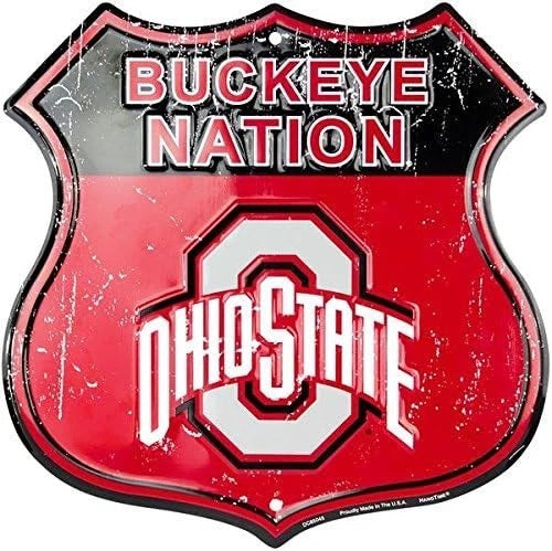 Ohio State Buckeye Nation Embossed Metal Highway Shield Sign 12" X 12"