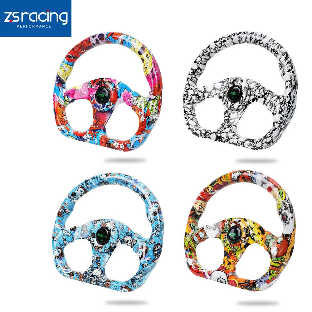 13" Racing Graffiti Pattern Flat Steering Wheel with Horn Button