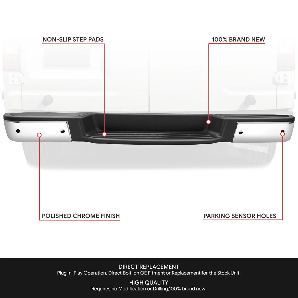 Chrome Rear Bumper for Nissan NV1500 NV2500 NV3500 (2012–2021) w/ Sensor Holes