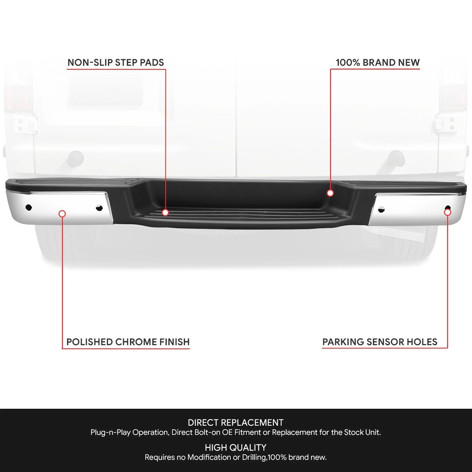 Chrome Rear Bumper for Nissan NV1500 NV2500 NV3500 (2012–2021) w/ Sensor Holes