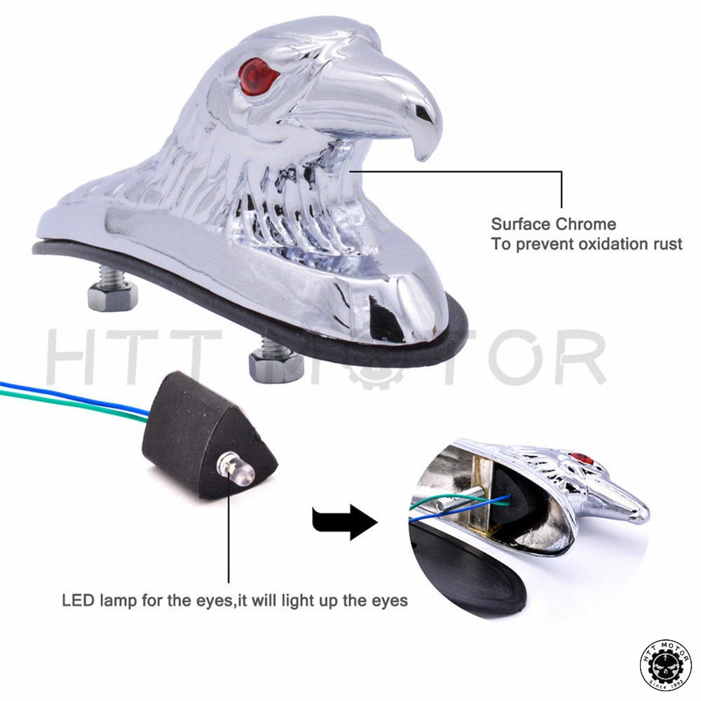 Chrome Front Fender Bonnet Eagle Head with Red LED Eyes for Motorcycle