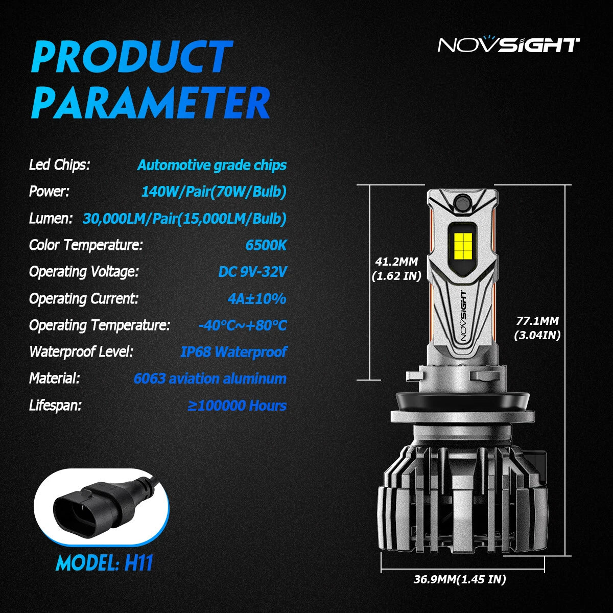 2X H11 LED Headlight Bulbs for NOVSIGHT (140W 30000LM 6500K)