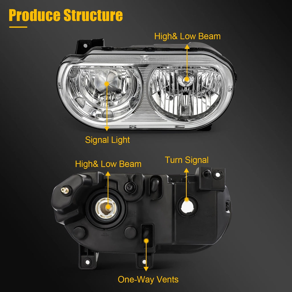 Set of 2 Headlight Assemblies for Dodge Challenger (2008–2014) Chrome Housing