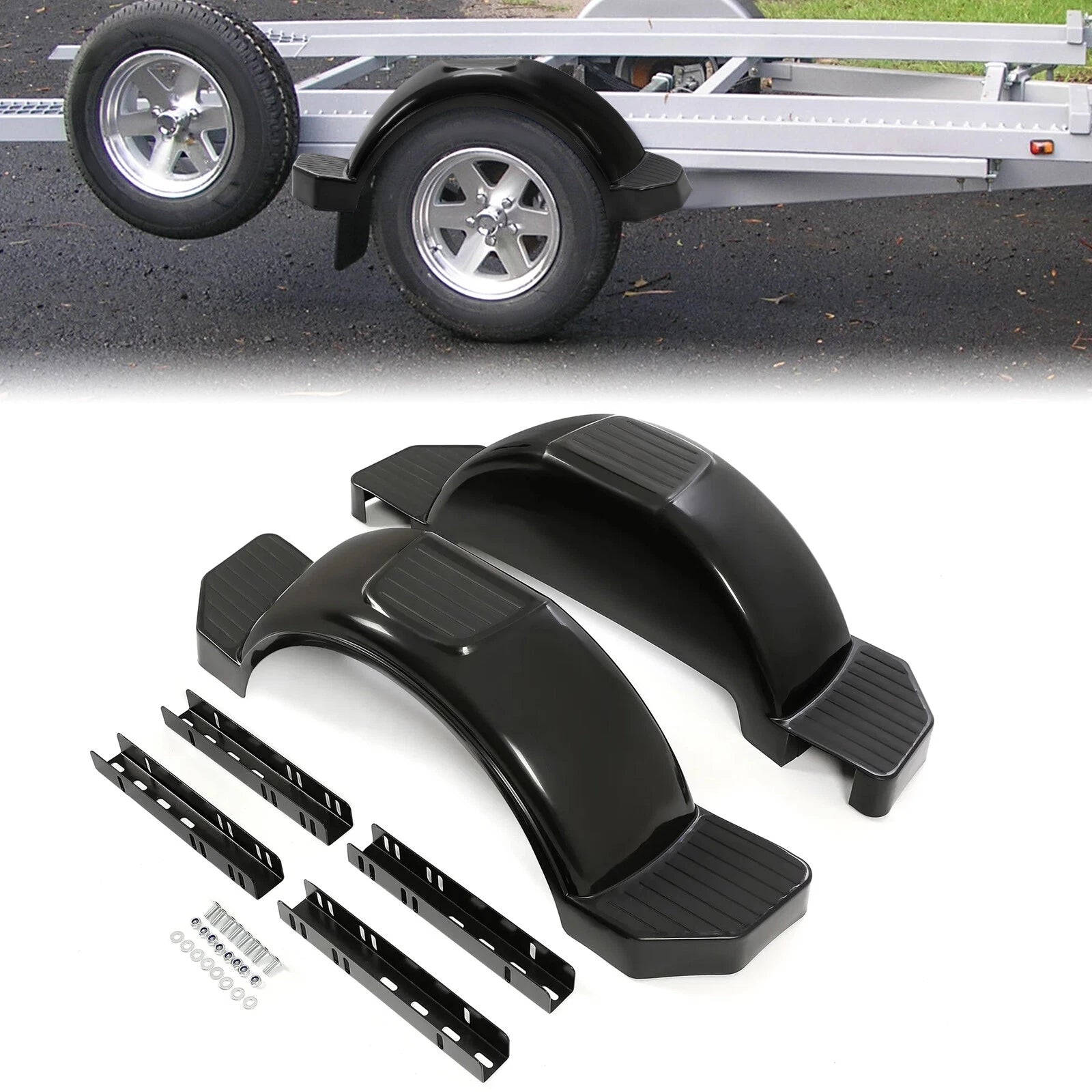 Set of 2 Glossy Black Single Axle Trailer Fenders for 13" Wheels (Fits Various)
