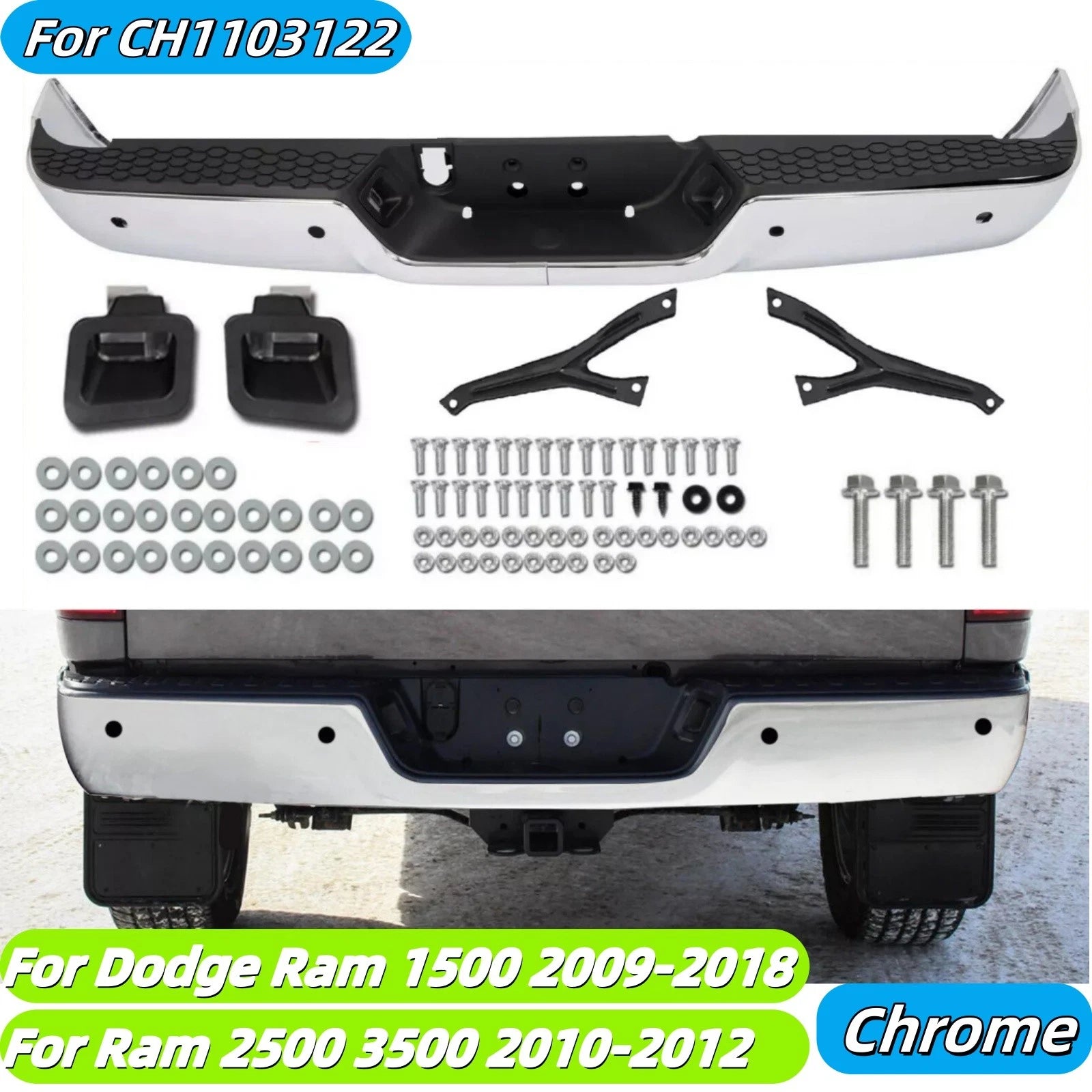 Chrome Rear Bumper for Dodge Ram 1500 (2009–2018), 2500/3500 (2010–2012)