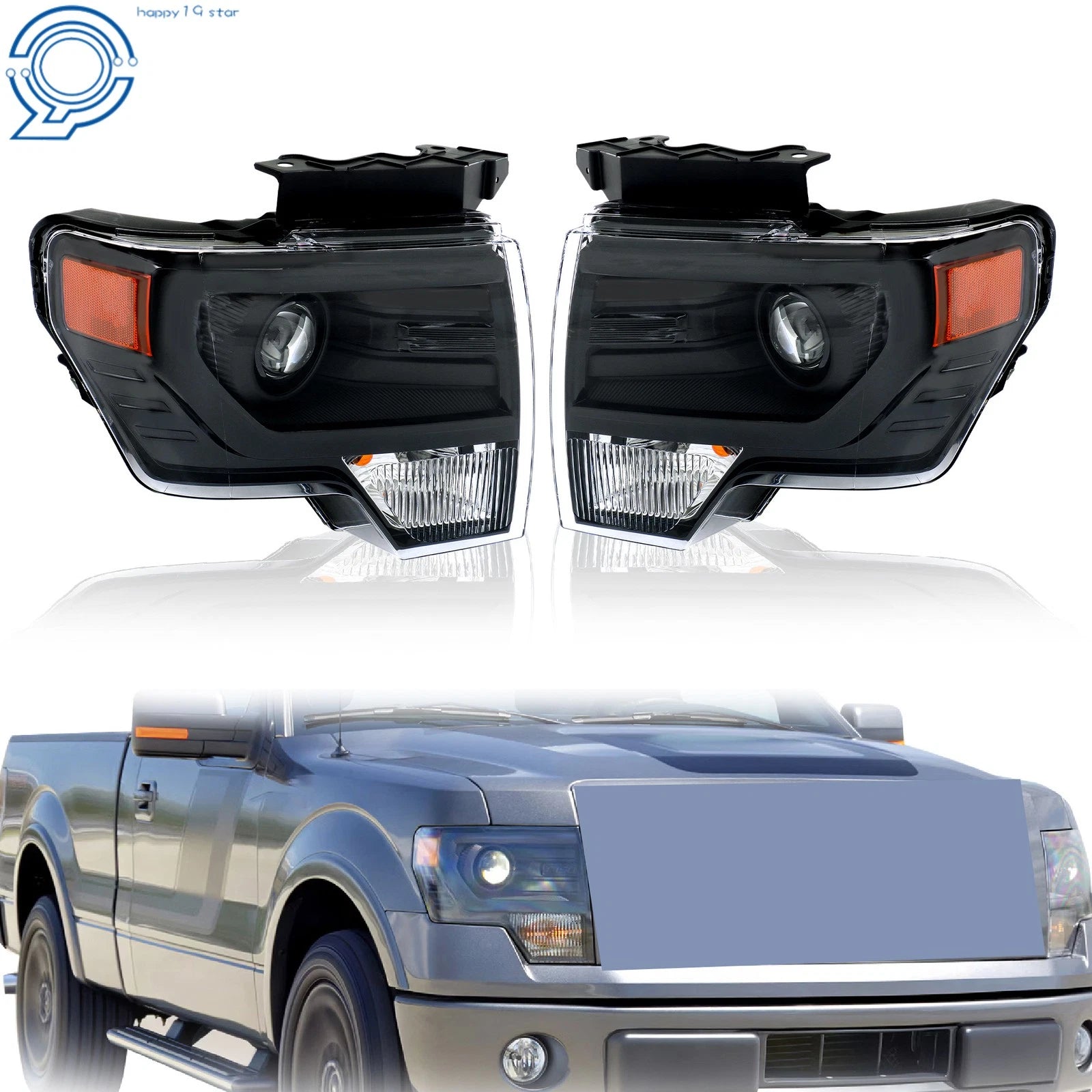Set of 2 Black Projector Headlights for Ford F150 (2013–2014)