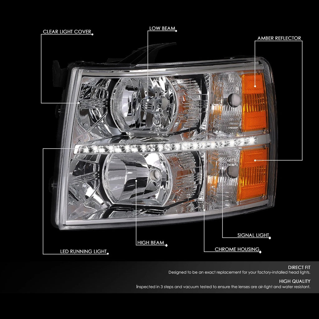 LED DRL Bar Chrome Amber Side Headlights for Chevy Silverado (2007–2014)