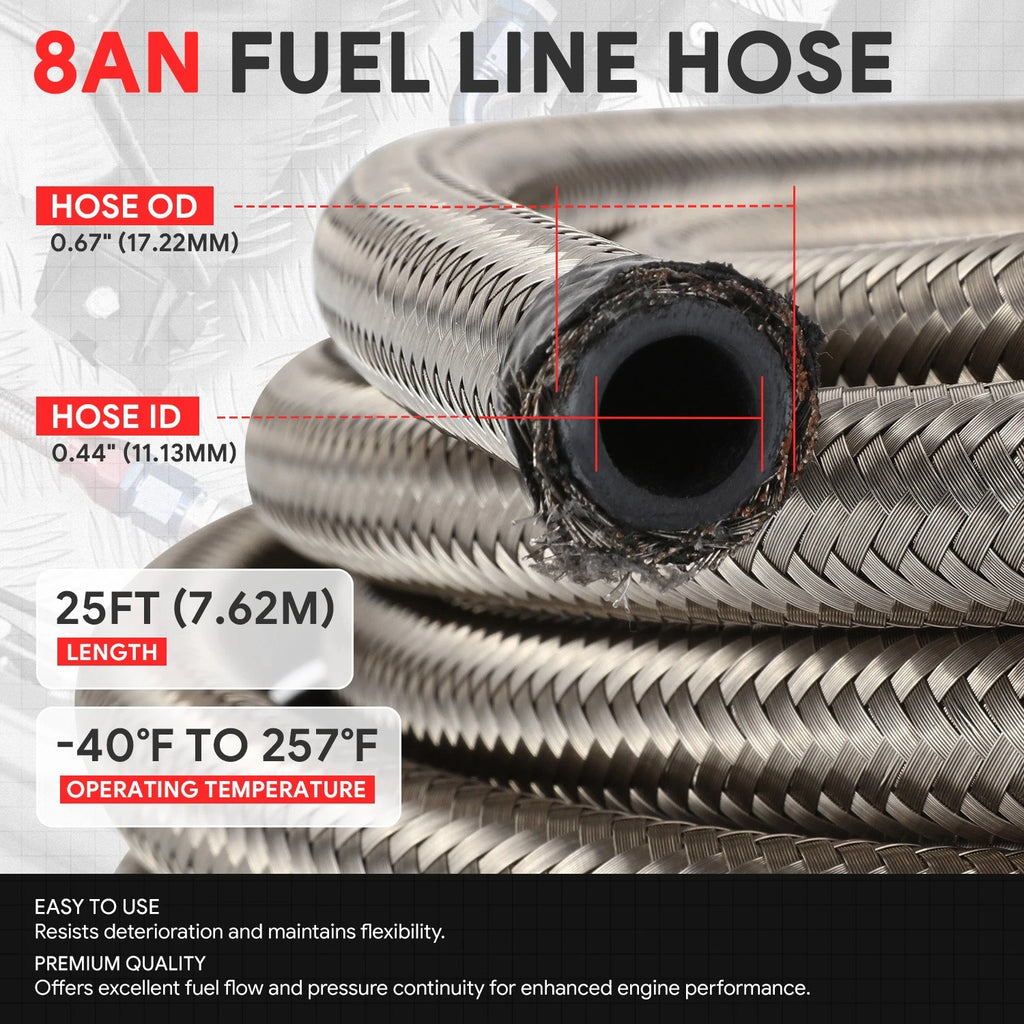 J2 8AN Stainless Steel Braided Fuel Line Tube Oil Hose Kit 25FT