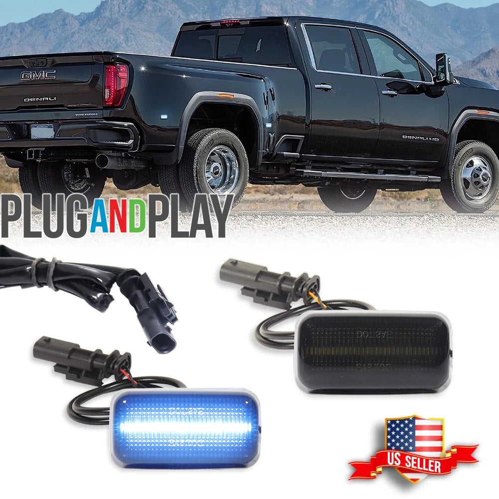2X Smoked Ice Blue LED Rear Fender Marker Lights for Chevy GMC 2500/3500HD (2015–2023)
