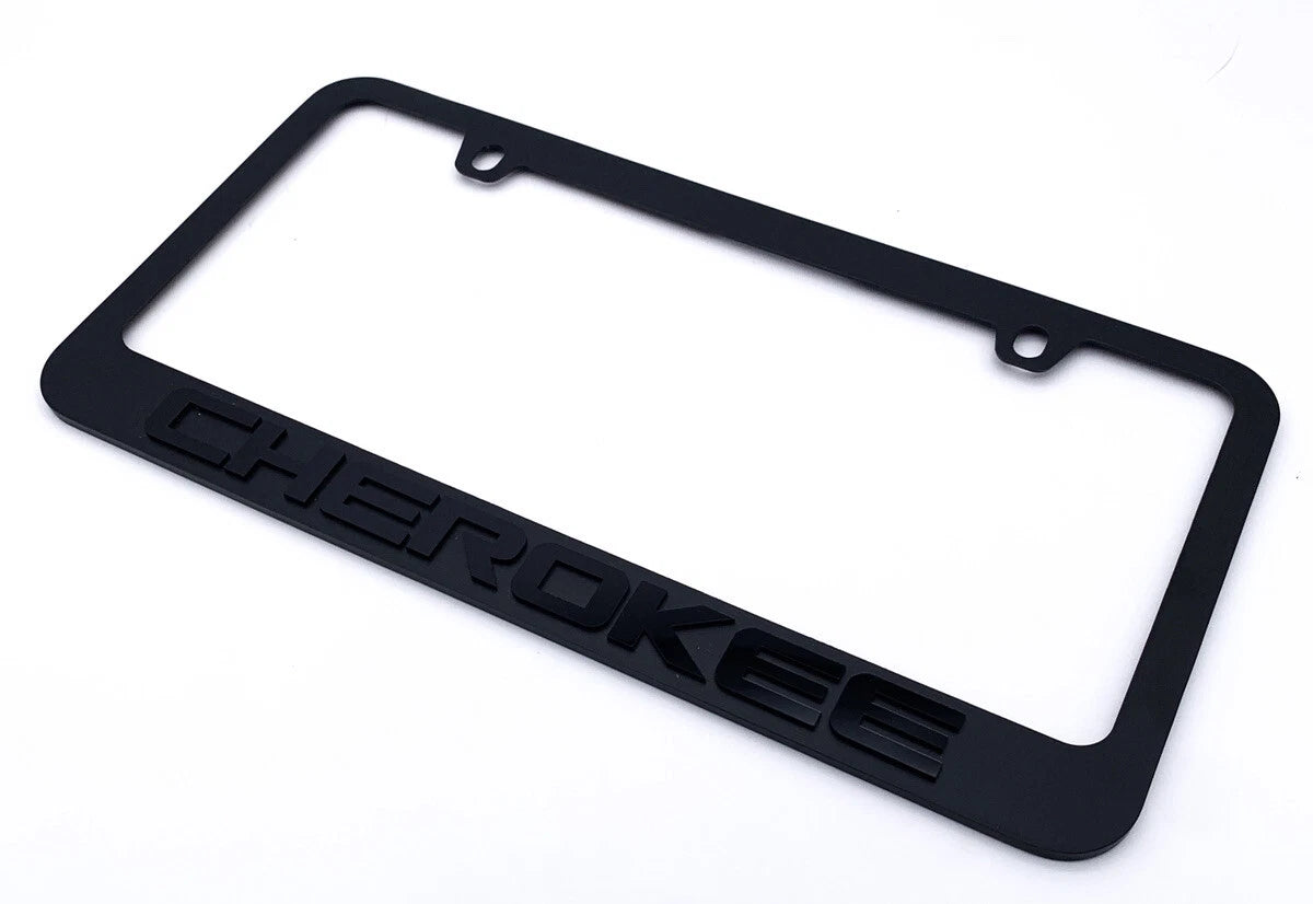Matte Black License Plate Frame with Jeep Cherokee Script Emblem for Jeep Wrangler (2018–2024)