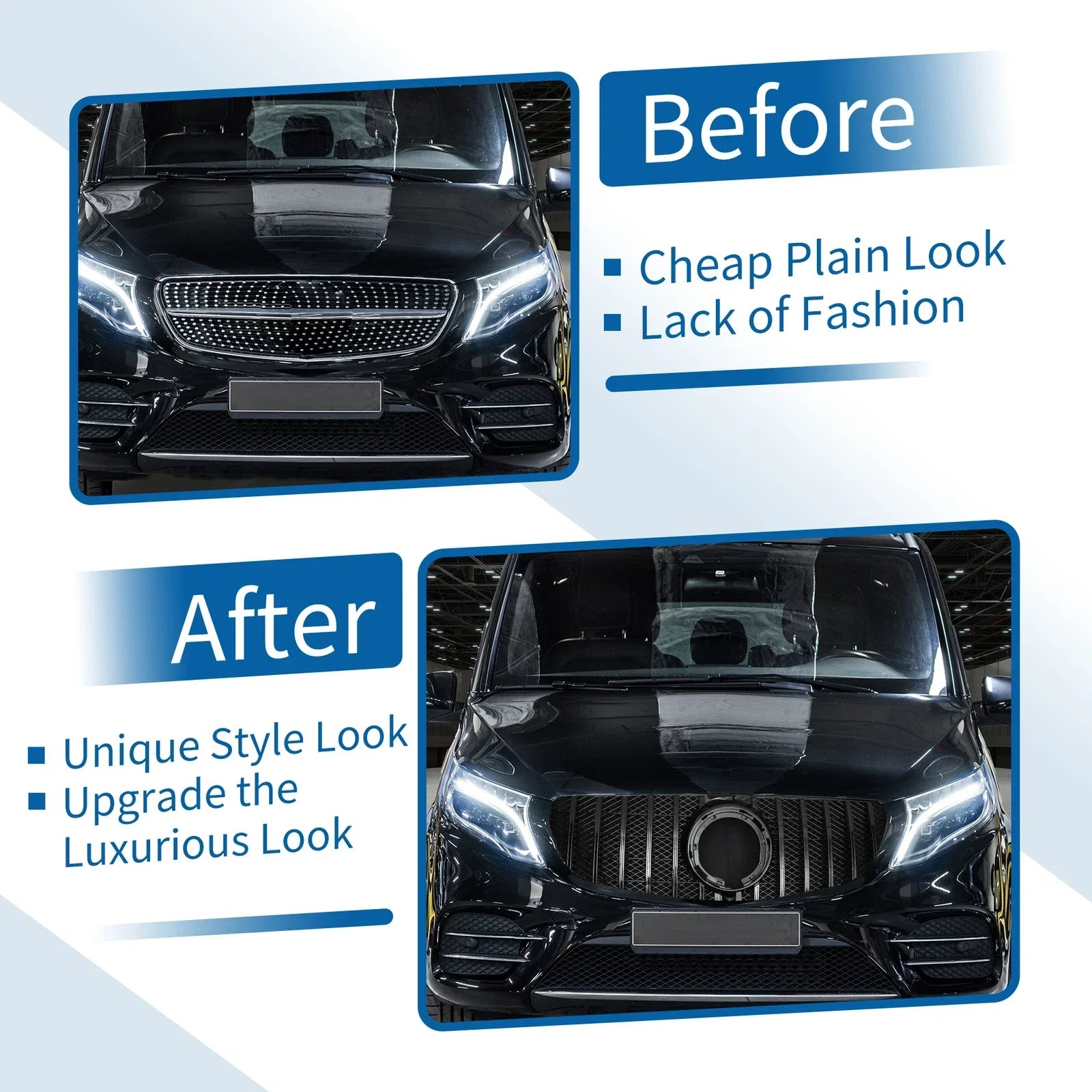 Front Upper Bumper Grille for Mercedes-Benz V-Class (2020-2024) Glossy Black