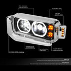 LED Halo DRL Projector Headlights for Peterbilt 359 379 389 (1981–2021)