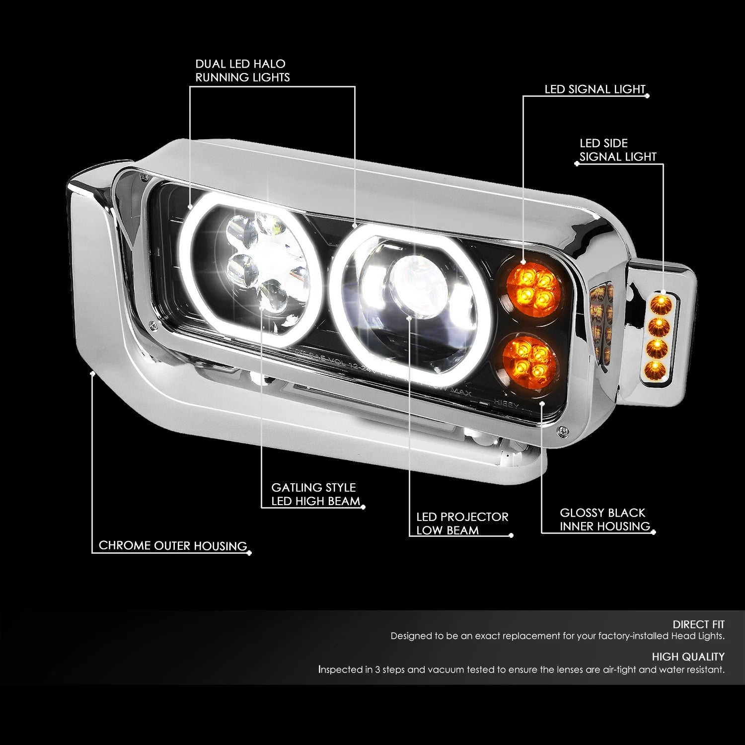 LED Halo DRL Projector Headlights for Peterbilt 359 379 389 (1981–2021)