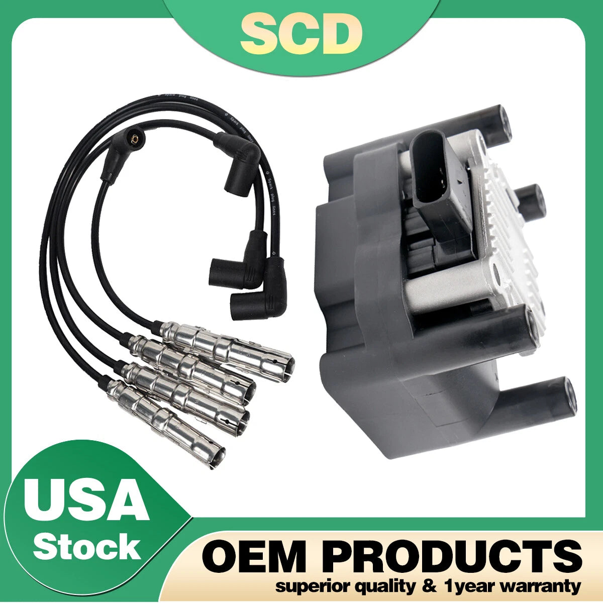 UF277 Ignition Coil & 4 Spark Plug Wires for VW Jetta Beetle Golf (1999–2005)