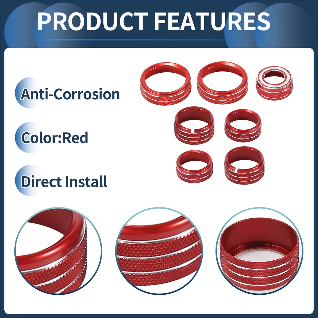 Set of 7 AC Media 4WD Headlight Switch Knob Cover Ring for GMC Canyon (2015–2022) Red