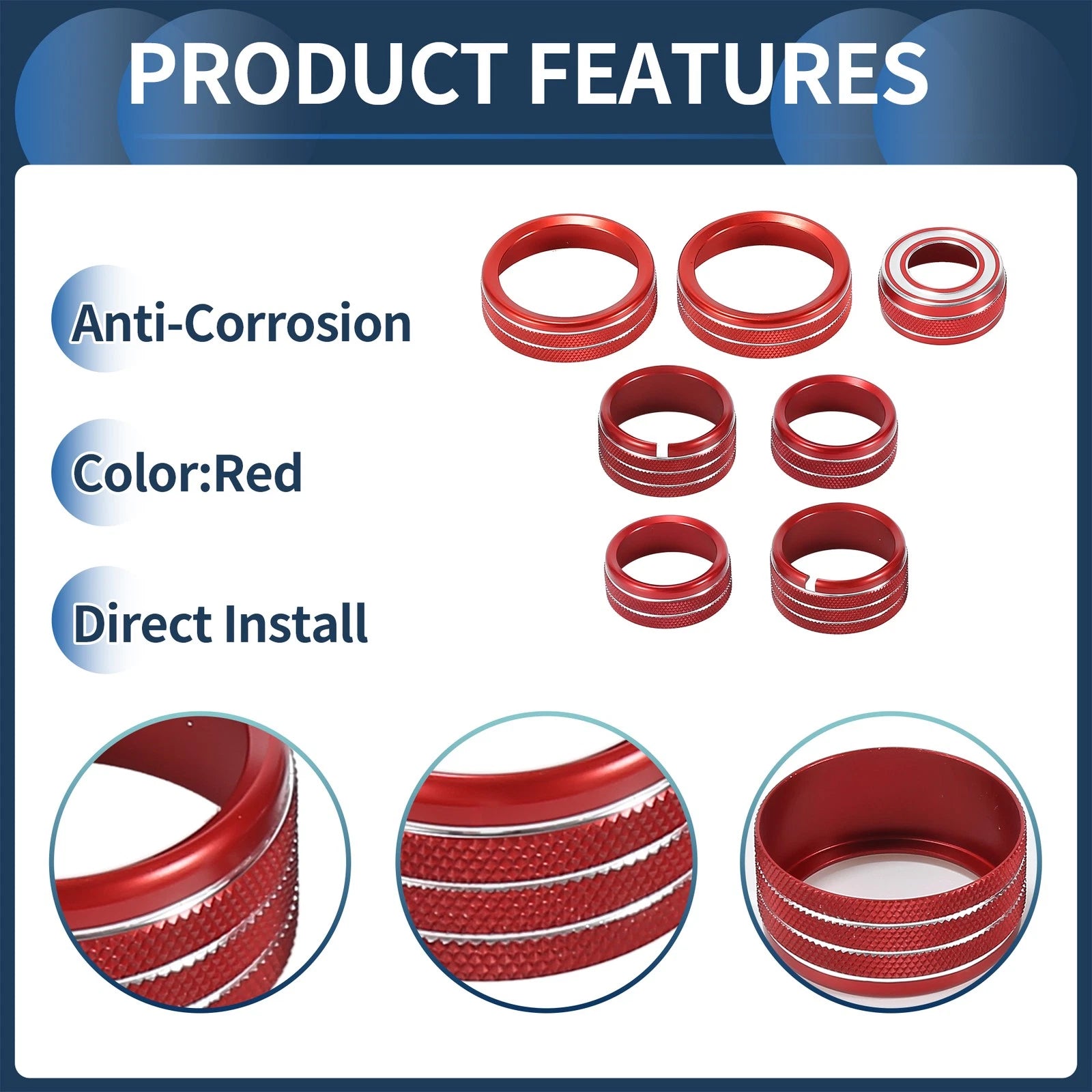 Set of 7 AC Media 4WD Headlight Switch Knob Cover Ring for GMC Canyon (2015–2022) Red