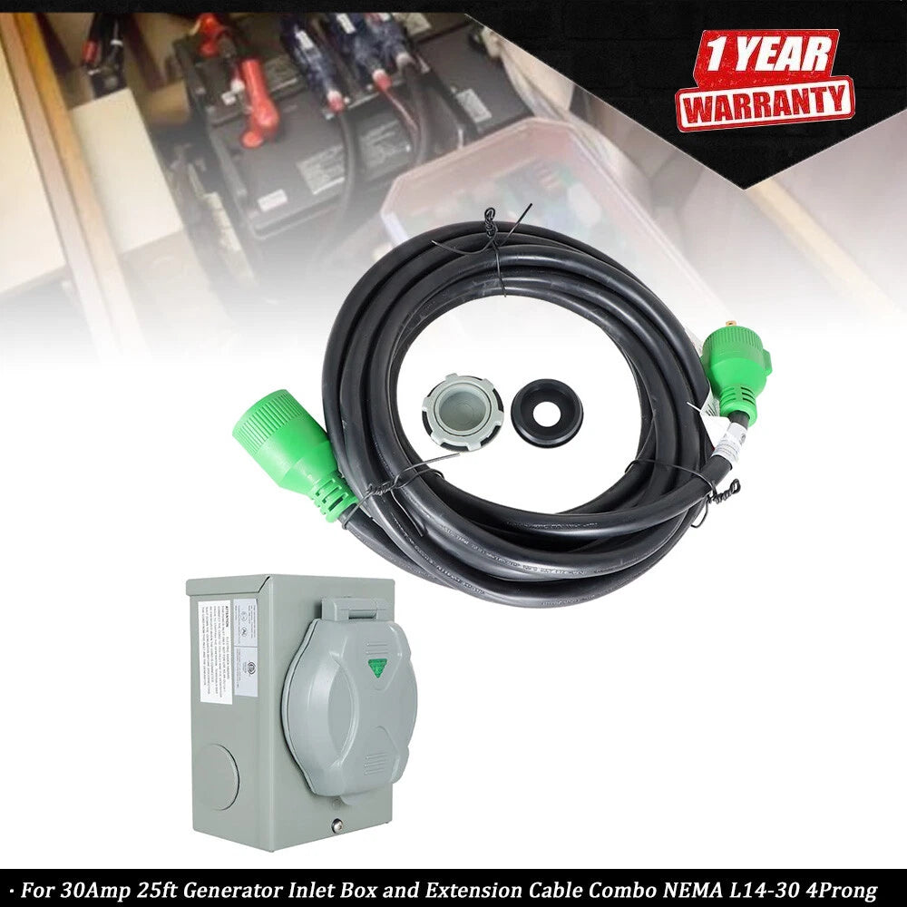 Generator Inlet Box and Extension Cable Combo for NEMA L14-30 (30Amp, 25ft)