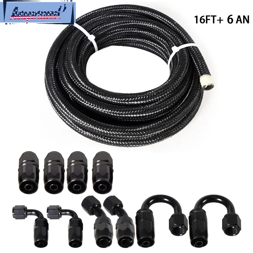 6AN Fitting Stainless Steel Nylon Braided Fuel Hose Line 16FT Kit for