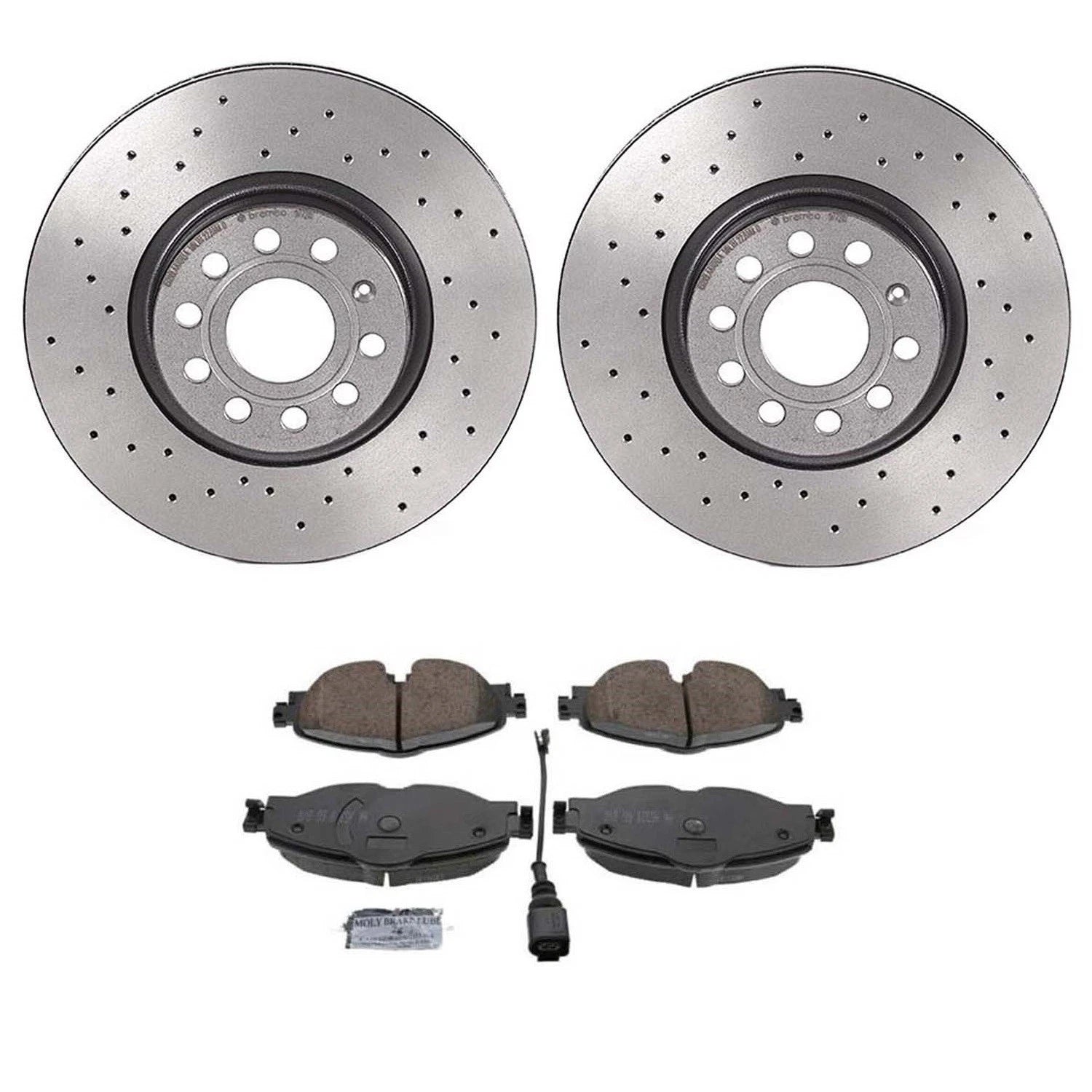 Akebono Euro Front Brake Kit for Audi VW (Xtra Drilled Disc Rotors, Ceramic Pads)