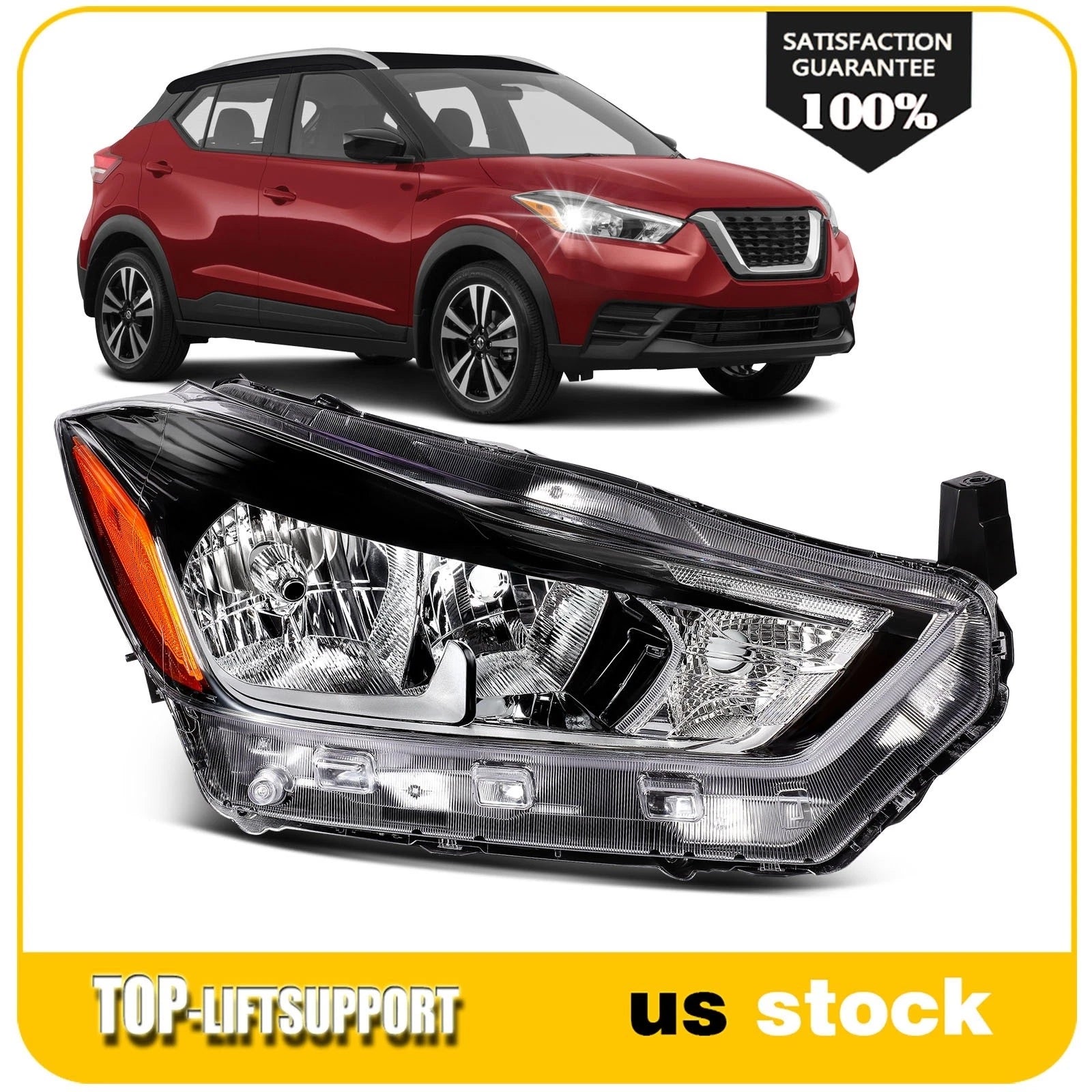 Passenger Side Halogen Headlight for Nissan Kicks (2017–2020) Black Amber