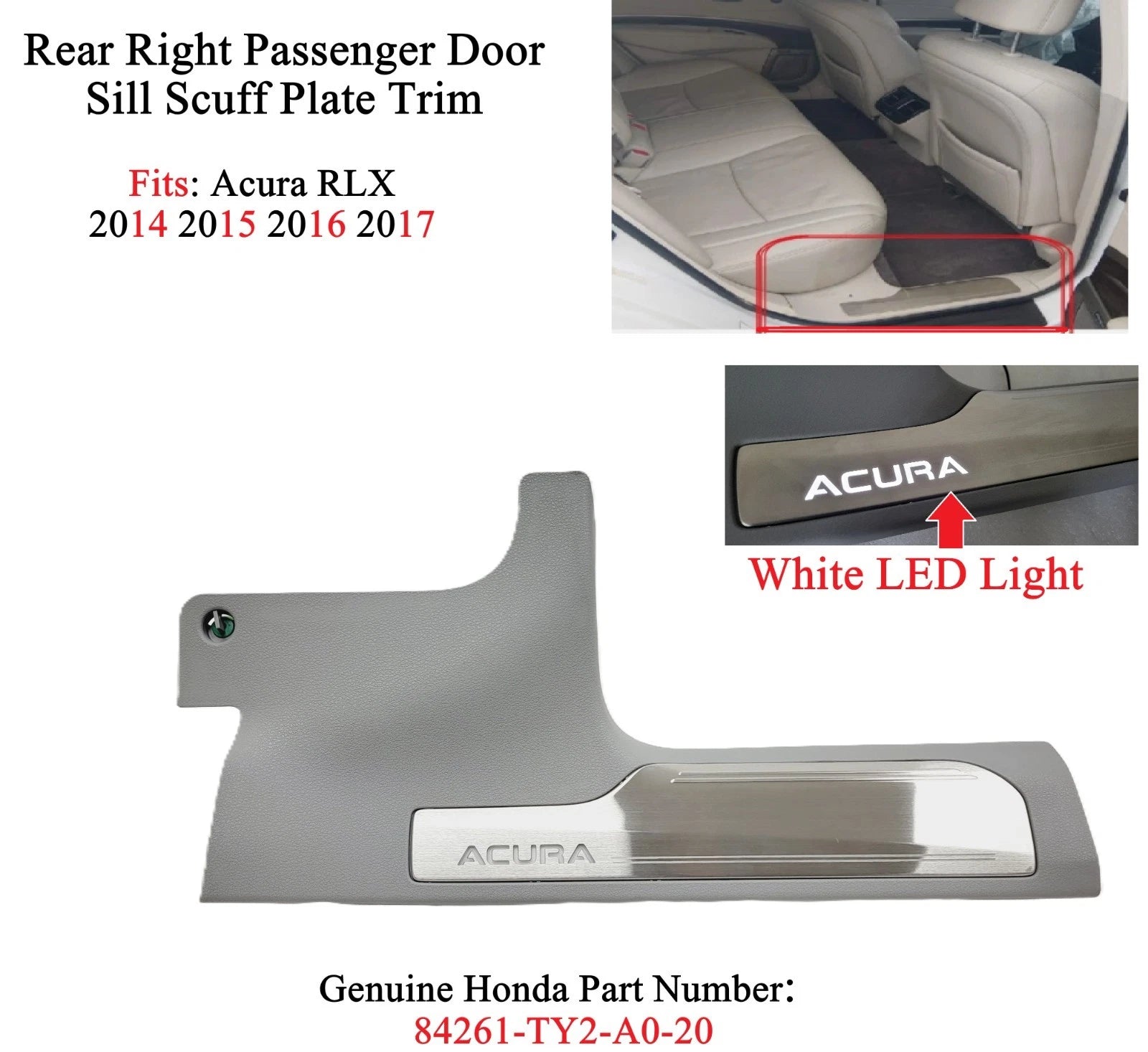 Rear Right Door Sill Scuff Plate Trim with LED for Acura RLX (2014–2017)