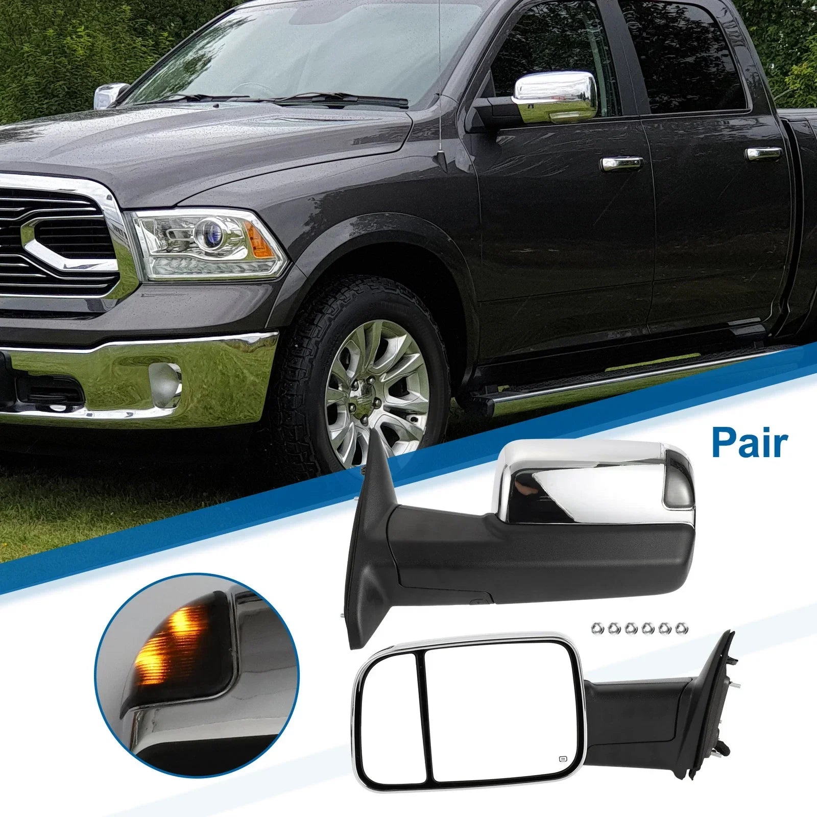 Tow Mirrors for Dodge Ram 1500 with Turn Signal Light Silver Tone 2 x  (2009-2018)