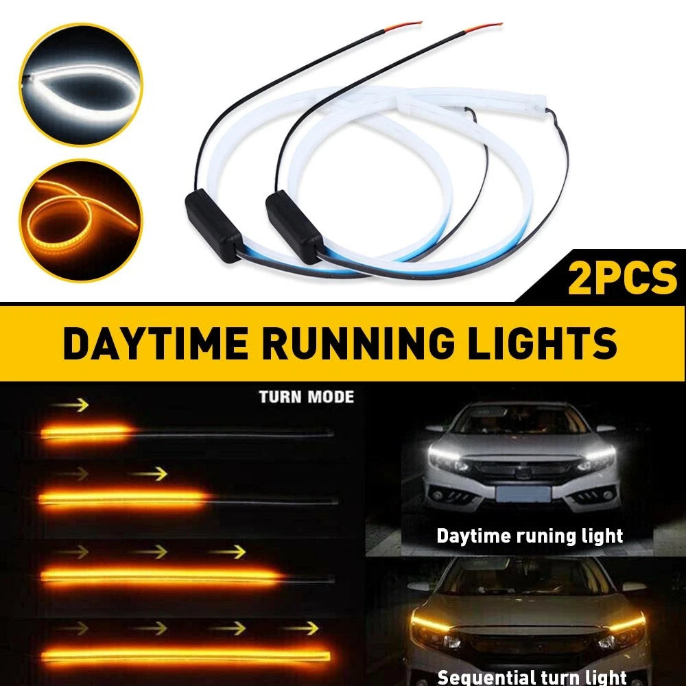 2X 60CM Slim Amber Sequential Flexible LED DRL Turn Signal Strip for Headlight