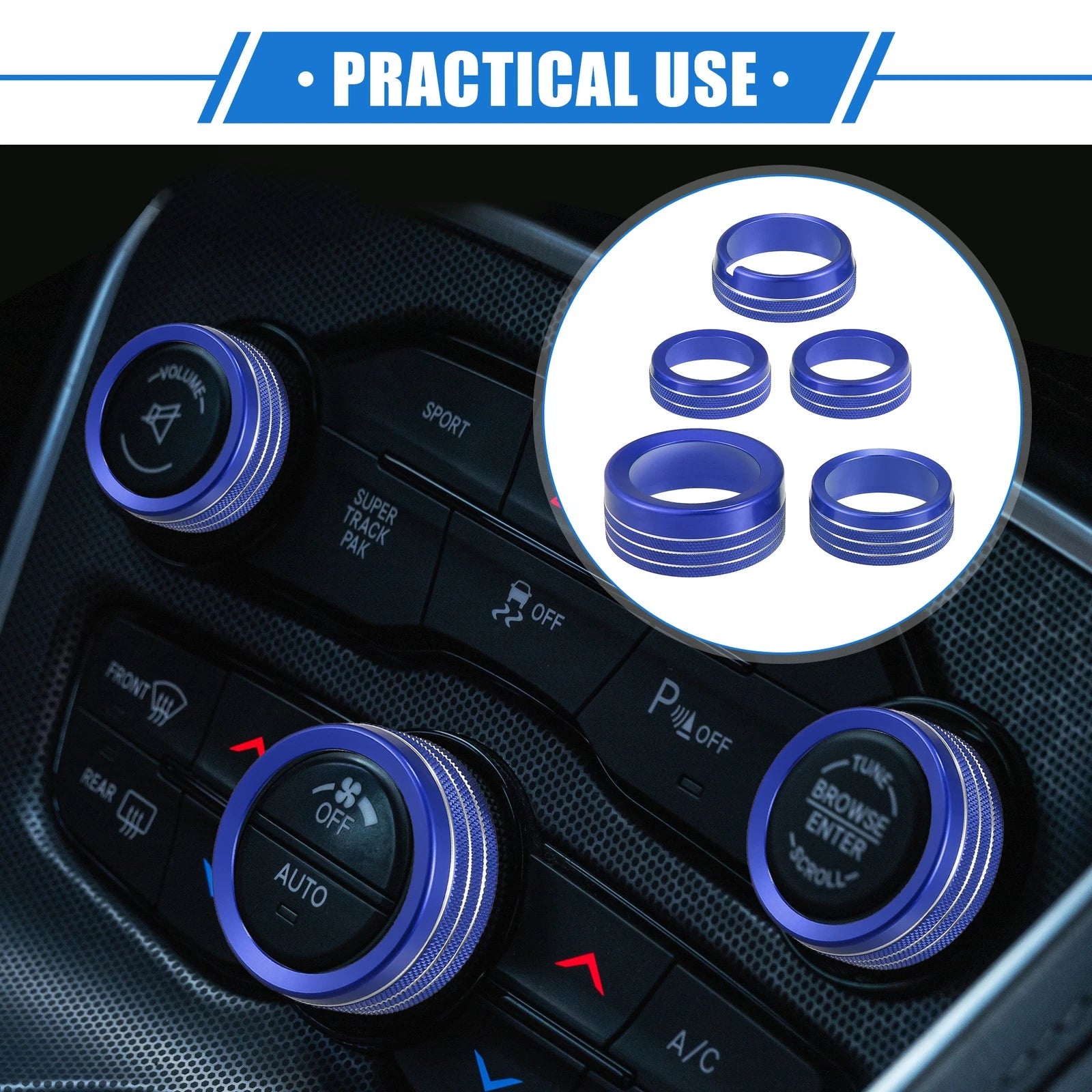 5 Pcs AC Climate Control Knob Ring for Chrysler 300, Dodge Challenger (2005–2023) Blue
