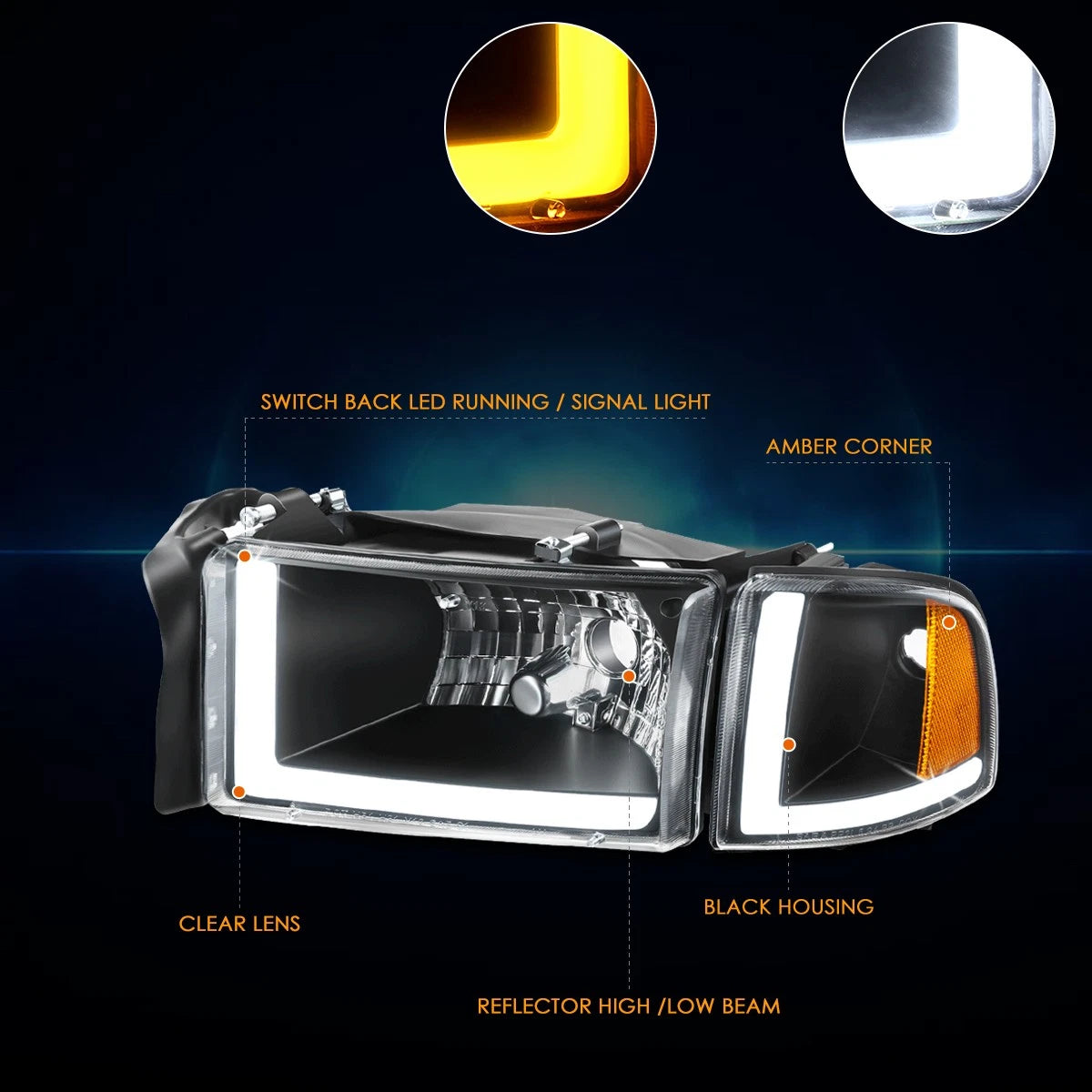 Switchback Dual L-Shape LED DRL Headlights for Dodge Ram 1500-3500 (1994–2002)
