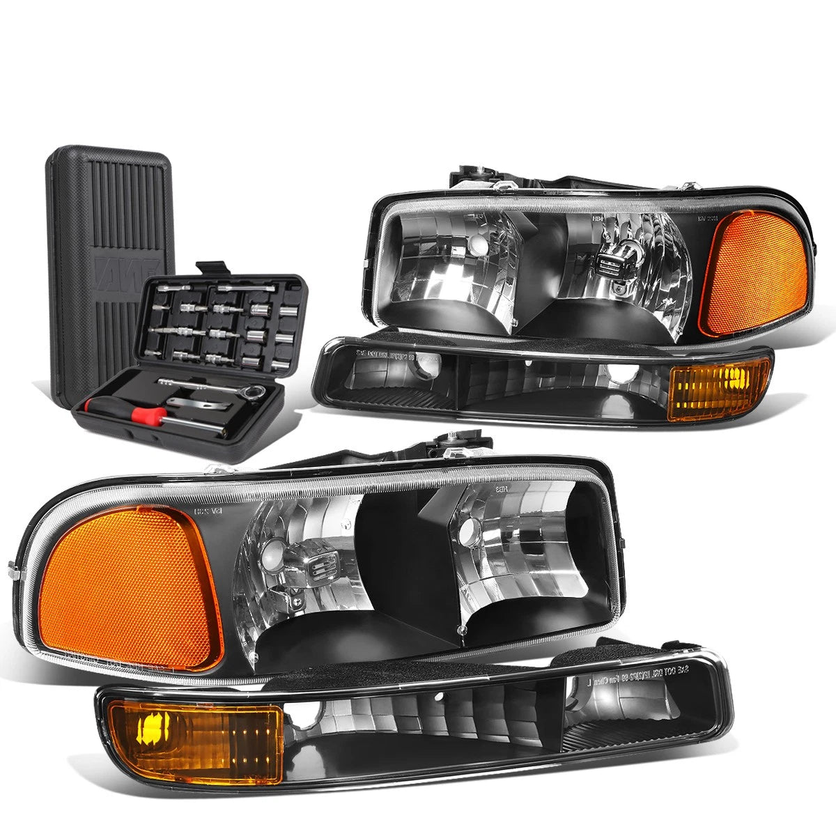 Set of 2 Black Amber Signal Headlights & Bumper Lamps for GMC Sierra (1999–2007)