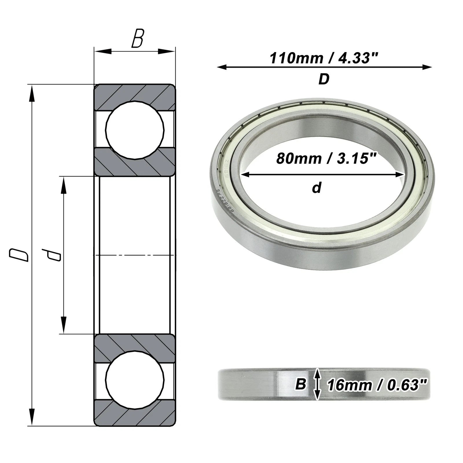 Deep Groove Ball Bearing 6916ZZ for Scooter Skateboard Wheel (P5)