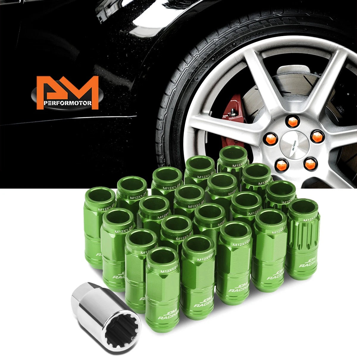 20Pc M12X1.25 Green JDM Open End Cone Wheel Lug Nuts + Spline Locks + Key